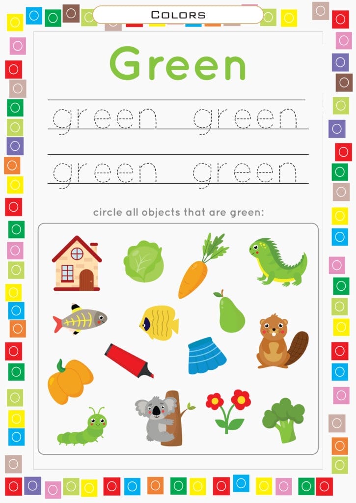 Green color learning worksheet