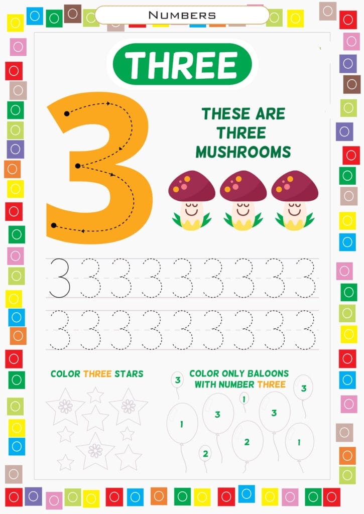 color full 3 number worksheets pdf